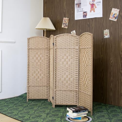 4-Panel Short Room Divider, 3.9 ft Freestanding Partition Wall, Light Brown Rattan Double-Sided Folding Screen for Living Room, Bedroom & Corner Privacy - color: Light Brown, size: 4 Panel