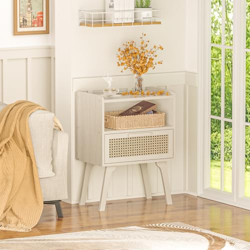 Lerliuo Rattan Nightstand, Side Table with Drawer Open Shelf | Bedside End Table with Solid Wood Legs, Mid Century Modern Night Stand for Bedroom, Dorm and Small Spaces (Grey White) - color: White Oak, size: 1 pack
