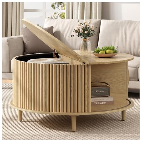 SULIVES Round Coffee Table with Storage, 31.5" Oak Fluted Center Table with Sliding Door, Modern Circle Drum Coffee Table for Living Room, Scandi Wood Furniture for Small Spaces - color: Oak_round