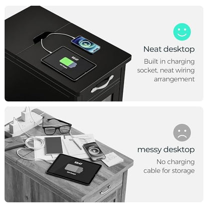LINSY HOME End Table with Charging Station, Side Table for Bedroom with Drawer and Detachable Holder, Storage Shelf with Glass Door, Extra Storage & Display Space, Small Nightstand for Living Room | Built-in Charging Station with USB & Outlet, Drawer Stor