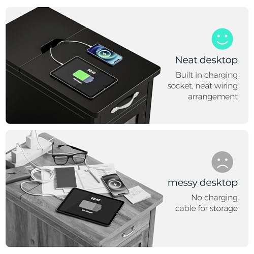 LINSY HOME End Table with Charging Station, Side Table for Bedroom with Drawer and Detachable Holder, Storage Shelf with Glass Door, Extra Storage & Display Space, Small Nightstand for Living Room | Built-in Charging Station with USB & Outlet, Drawer Stor