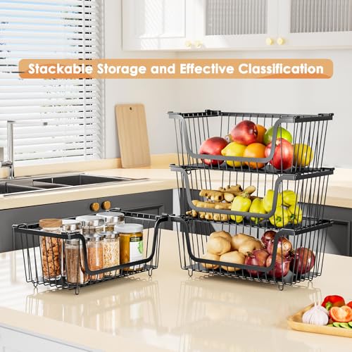 4 Pcs Stackable Wire Baskets for Pantry Organizers and Storage, Black | Metal Baskets with Handles,Produce Potato Onion Storage Bin,Vegetable Fruit Basket for Countertop, Kitchen Storage - color: Black