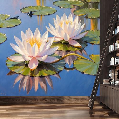 Custom Wall Mural Wallpaper White Water Lilies and Lily Pads Removable SelfAdhesive Large Photo for Living Room，Bedroom，Office