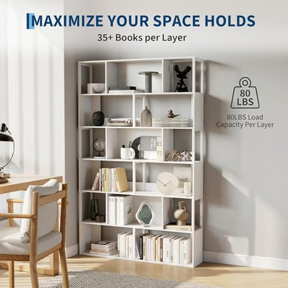 IDEALHOUSE 6-Tier Bookshelf, Tall Geometric Bookcase, Modern Room Divider & Display Shelf with Anti-Tipping Devices, Mid Century Bookshelf for Living Room - color: White
