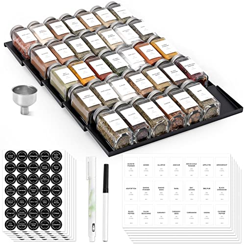 MIUKAA Spice Drawer Organizer with 34 Spice Jars, 378 Spice Labels, 5 Tier - 5 Pack Metal Spice Rack Tray for Drawer/Countertop, 13.7" Wide x 22.6" Deep (Black)