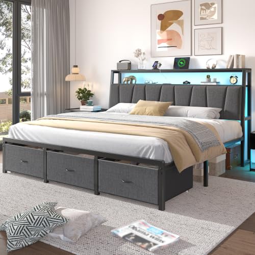 FreeHouse King Size Bed Frame with Storage Headboard & 3 Drawers, Grey | Upholstered King Bed Frame with Charging Station & LED Lights,Fabric Drawers, Metal Slats, No Box Spring Needed Noise-Free - color: Grey, size: King