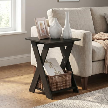 2-Tier Square Modern End Table, Criss-Crossed Night Stand, Bedside Table with Lower Open Shelf and X-Legs, Side Table, for Bedroom, Living Room, Espresso