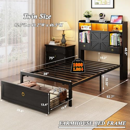 Twin Bed Frame with Storage Headboard, Farmhouse Platform Bed Frame with Bookshelf, Drawers, LED Lights and Charging Station, Metal Slats Support, Noise Free, No Box Spring Needed, Black - size: Twin