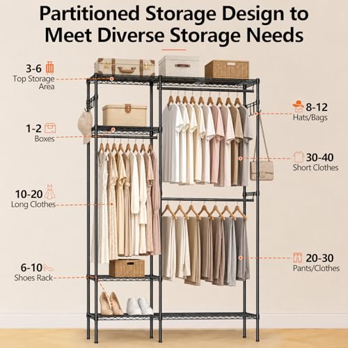 Clothes Rack with Adjustable Wire Shelves & Hanging Rods, Black | Portable Clothing Garment Rack for Hanging Clothes, Freestanding Closet Organizer, Heavy Duty, Max Load 700Lbs - color: Black