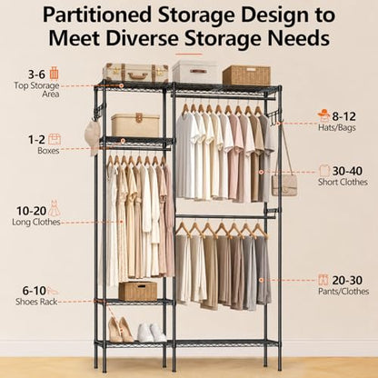 Clothes Rack with Adjustable Wire Shelves & Hanging Rods, Black | Portable Clothing Garment Rack for Hanging Clothes, Freestanding Closet Organizer, Heavy Duty, Max Load 700Lbs - color: Black