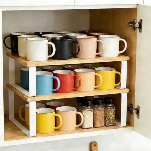 diatomiteco 2 Pack Mug Organizer for Cabinet, Expandable and Stackable Cabinet Organizer Rack, Mug Display Shelf, Multi-Functional Mug Storage, Pantry Organizers Made of Metal and Engineered Wood