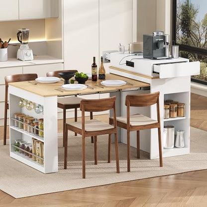 Extendable Dining Table with Folding Tabletop & Power Outlet, Modern Kitchen Island Sideboard with Wheels, Hidden Drawers & USB Charging, Sturdy Buffet Table for Small Spaces (Creamy White+Natural) - color: Creamy White+natural