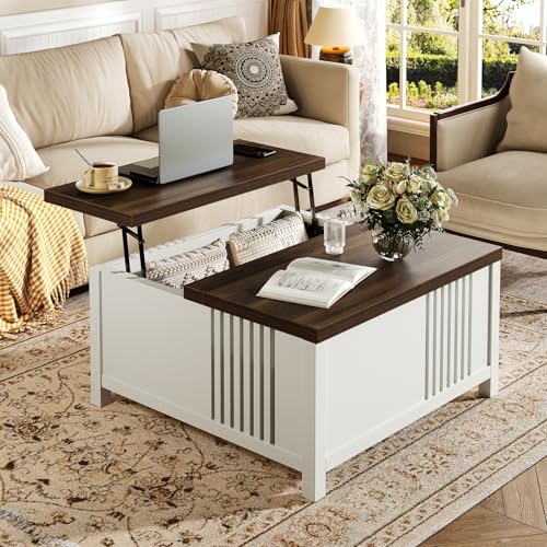 knoworld Farmhouse Lift Top Coffee Table with Storage, 35" Square Large Coffee Table with Hidden Compartment, Rustic Wood Center Table for Living Room, White