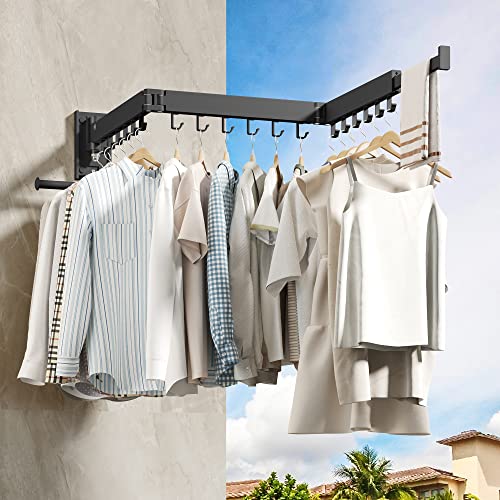 HEILAIYI Wall Mounted Clothes Hanger,Clothes Drying Rack,Laundry Drying Rack,Clothes Rack Wall Mount,Drying Rack Clothing,Laundry Rack,Folding,Retractable,Collapsible,can Fold Upward & Left & Right - size: Upgrade-Black / J Shape Hooks