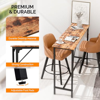 VINGLI 63 Inch Counter Height Bar Table Set with 2 Bar Stools, Wood Narrow Long Pub Table Set, Compact Bar Table for Kitchen/Dining Room/Sofa, Brown - color: Brown, size: 63"L