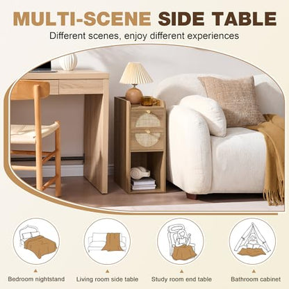 Narrow Nightstand Set of 2 (Rattan & Wood) - Small Bedside Table with 2 Drawers, Open Shelf, Mid Century Modern End Table - for Bedroom, Living Room & Small Spaces, Rustic Oak Rattan - color: Rustic Oak Rattan, size: 9.9"W (2 Pc)