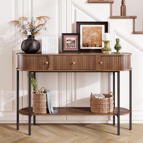 47.2" Entryway Table with Drawer and Storage, Narrow Console Table with Sliding Tambour Doors, Fluted Console Table Behind Couch for Hallway, Foyer, Living Room, Walnut, 220lbs Capacity
