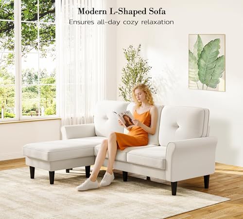 Small Sectional Couch, 83" L Shaped Couch, Modular Sectional Sofa, White | Comfy Velvet, Tool-Free Setup, 800 LBS Load Bearing, Movable Ottoman, Modern Couch, Sofas for Living Room, Bedroom Couch - color: White, size: 83" L Shape