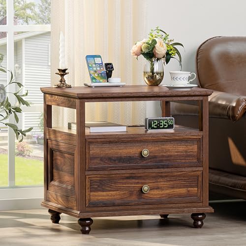 Joaxswe Farmhouse Nightstand with Charging Station, 24" Wide End Table with 2 Drawers,Brown Dresser for Bedroom, Bed Side Table Chest of Drawers Cabinet,Wood Night Stand for Living Room, Closet - color: Retro Brown, size: 19.76"D x 24"W x 22.91"H (2 Drawe