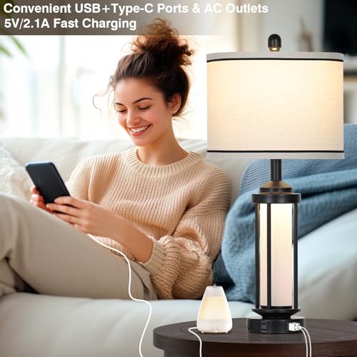 Rinweey Table Lamps Set of 2, Black Farmhouse Rustic Industrial Table Lamp with USB A+C Ports & AC Outlet, 26" Modern Bedside Lamps with LED Night Light & Linen Fabric Lampshade, Lamps for Bedroom - color: Black-5