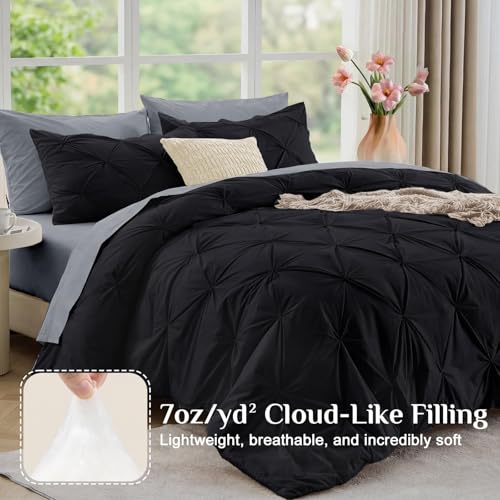 JOLLYVOGUE Twin Comforter Set 5 Pieces - Bed in a Bag Twin for All Season, Pintuck Bedding Comforter Sets with Comforter, Flat Sheet, Fitted Sheet and Pillowcases & Shams, Black & Light Grey - color: Black & Light Grey, size: Twin