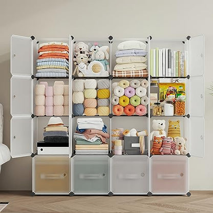 Cube Storage Organizer,16-Cubes Shelf Unit with Door and Metal Mesh. Large Capacity Storage Books,Toy and Clothes Organizers Cabinet. Ideal for Home, Bedroom,Office, Bookroom,White(14x14inch)