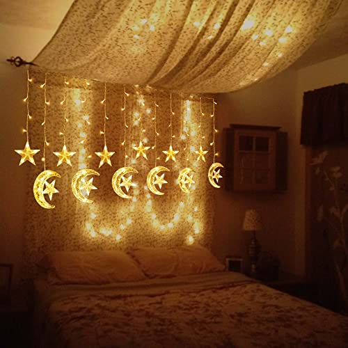 Ramadan Decorations for Home,138 LED Upgraded Extra Large Star Moon Curtain Lights for Kids Bedroom Decor,USB Powered 8 Modes Remote LED Fairy Lights for Ramadan Window Wedding Christmas Decor