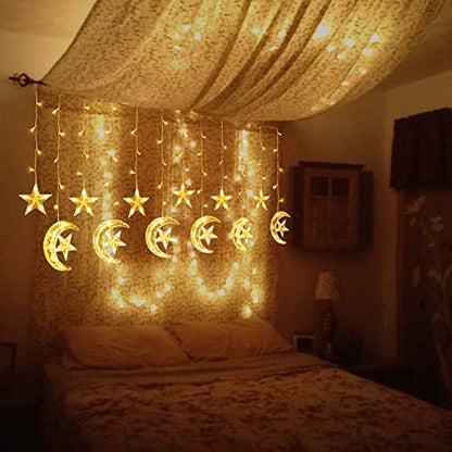 Ramadan Decorations for Home,138 LED Upgraded Extra Large Star Moon Curtain Lights for Kids Bedroom Decor,USB Powered 8 Modes Remote LED Fairy Lights for Ramadan Window Wedding Christmas Decor