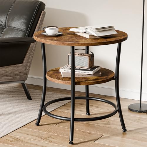 OLIXIS 21.85-Inch Round End Table, 2-Tier Side Table for Living Room, Accent Stand with Storage Shelf, Sturdy Metal Frame Nightstand for Small Space, Round Bedside, Rustic Brown and Ink Black - color: Rustic Brown & Ink Black