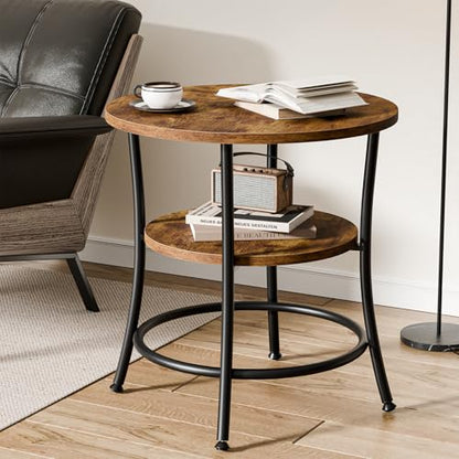 OLIXIS 21.85-Inch Round End Table, 2-Tier Side Table for Living Room, Accent Stand with Storage Shelf, Sturdy Metal Frame Nightstand for Small Space, Round Bedside, Rustic Brown and Ink Black - color: Rustic Brown & Ink Black