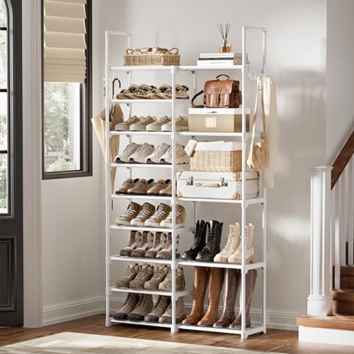 WOWLIVE 9 Tier 2-Column Shoe Rack, 30-35 Pairs Stackable White | Compact 33.75in Long Fits Narrow Spaces, Removable Layers for Boots Heels, Split Design for Flexible Layout - color: White, size: 2 Row 9 Tier