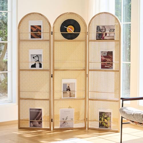 Rattan Room Divider with Bookshelf,Foldable Privacy Screen Partition,Wooden Frame,Natural Portable for Living Room,Bedroom Home,Office Reading Nook (Natural, 3 Panels) - color: Natural