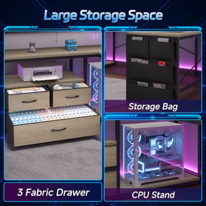 busyeah U-Shaped Gaming Desk with Storage Shelves & 3 Drawers, Oak Gray | Reversible Computer Desk with LED Lights & Charging Station, Gaming Desk with Hutch and Pegboard for Home Office, Gamers - color: Oak Gray