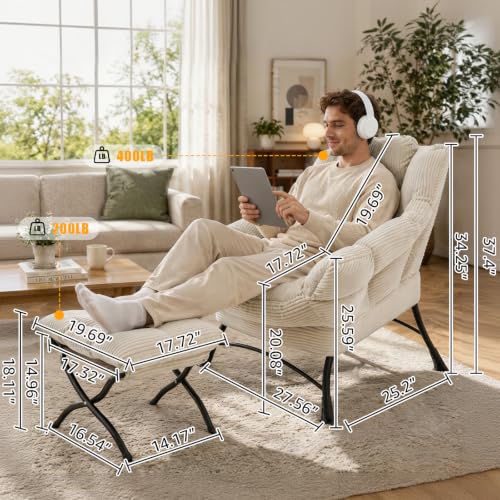 Lazy Chair with Ottoman, Modern Skinny Lounge Chair with Footrest | Foldable Footrest, Padded & Backrest with Side Pocket, Comfy Accent Reading Chair for Living Room & Small Spaces, White - color: White
