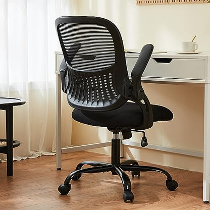 Sweetcrispy Executive Home Office Chair, Mesh Office Chair, Black | Ergonomic Executive, Adjustable Height, 360° Swivel Wheels, Mid-Back, Comfy Arms, Bedroom, Study, Student - color: Black, size: 18.5"D&Flip-up Arms-Plus