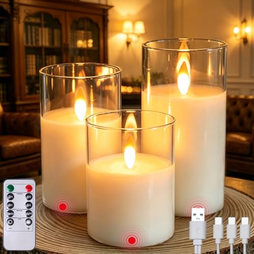Two Months Rechargeable Motion Sensor Flameless Candle, Auto Switch On/Off | Rechargeable Pillar Fake Candles with Remote, Warm Color for Halloween, Christmas, Home Fall Decor, Ideal Gift for Women - color: White Motion Sensor-3PCs