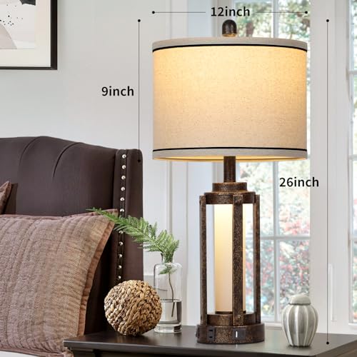 26" Farmhouse Table Lamps Set of 2, Vintage Rustic Industrial Beside Lamps with USB A+C Charging Ports & AC Outlet, Nightstand Lamp with Glass Night Light & Linen Fabric Shade for Living Room Bedrooms - color: Bronze