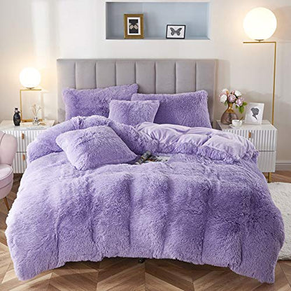Faux Fur Velvet Fluffy Bedding Duvet Cover Set Down Comforter Quilt Cover with Pillow Sham, Ultra Soft Warm (Lilac, Twin) - color: Lilac, size: Twin