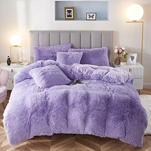 Faux Fur Velvet Fluffy Bedding Duvet Cover Set Down Comforter Quilt Cover with Pillow Sham, Ultra Soft Warm (Lilac, Twin) - color: Lilac, size: Twin