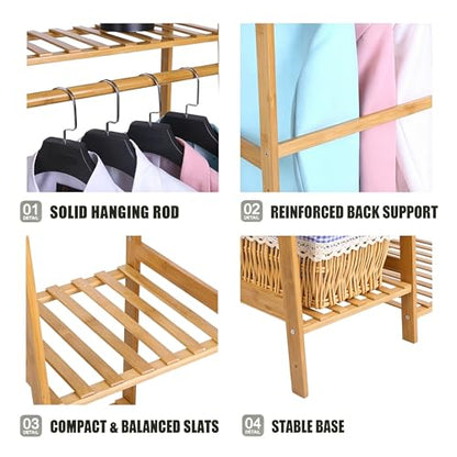 Ufine Bamboo Garment Rack with 7-Tier Storage Shelves & Hanging Rod | Portable Clothes Hanging Rack Minimalism Wardrobe Closet Organizer for Living Room - size: 7 Tier