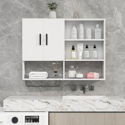 Bathroom Wall Cabinet with Towel Bar & 2 Doors, White - color: White