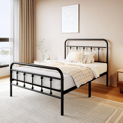 zunatu King Size Metal Bed Frame with Victorian Style Headboard and Footboard, Steel Slat Support Platform Bed, No Box Spring Needed, Under Bed Storage, Easy Assembly, Black - size: Twin