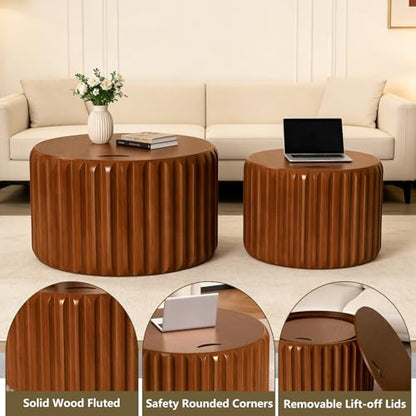 Round Nesting Coffee Tables Set of 2, Walnut | Hidden Storage, Solid Wood Fluted, No Assembly Required, Mid-Century Modern Stackable, For Living Room, Bedroom, Balcony - color: Walnut