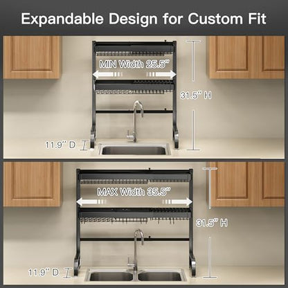 Over The Sink Dish Drying Rack, Extra Large Capacity Dish Drainer | 3 Tier Extra Large All Stainless Steel Expandable Plate Strainers, Rustproof Metal, Counter Space Saving, Modern Black - color: Black, style: Over Sink 3 Tier