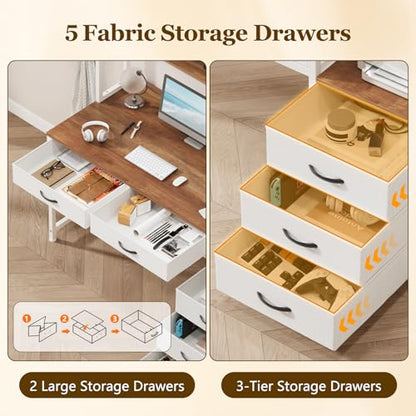 52" Computer Desk with Bookshelf, 5 Drawers ＆ Hutch for Bedroom | Office Desk with Printer Shelf, Study Writing Desk with Storage Shelves, Brown and White - color: Brown and White