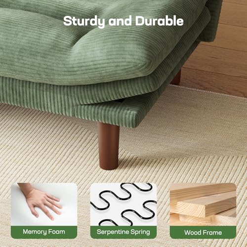 Marsail 66" Futon Sofa Bed, Futon Couch with Adjustable Backrest & Armrests, Convertible Sleeper Sofa Bed for Apartment, Living Room, Office, Corduroy Loveseat, Green