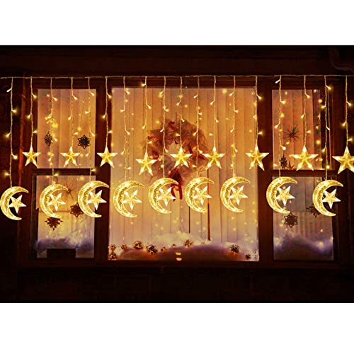 Ramadan Decorations for Home,138 LED Upgraded Extra Large Star Moon Curtain Lights for Kids Bedroom Decor,USB Powered 8 Modes Remote LED Fairy Lights for Ramadan Window Wedding Christmas Decor