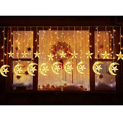 Ramadan Decorations for Home,138 LED Upgraded Extra Large Star Moon Curtain Lights for Kids Bedroom Decor,USB Powered 8 Modes Remote LED Fairy Lights for Ramadan Window Wedding Christmas Decor