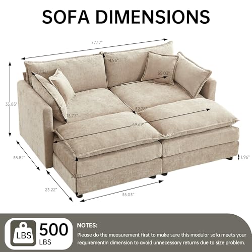 Modular Sectional Sofa, 77 Inch U Shaped Couch Set with Armrests, 2-Seater Comfy Cloud Couches for Living Room Apartment, Coffee - color: Coffee, size: 77'' - U Shape