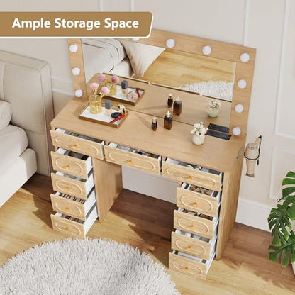 Fluted Vanity Desk with Mirror and Lights, Power Outlets, Modern Wood Vanity Desk Makeup Table with 11 Drawers, 3 Color Modes Dressing Table with Storage for Bedroom, Living Room, Natural - style: Natural